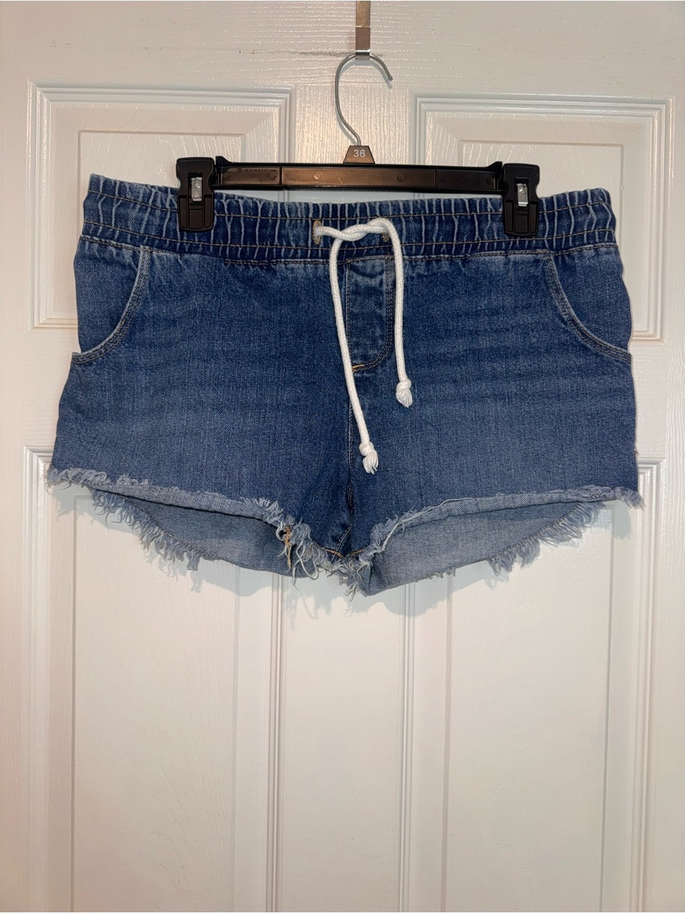 Roxy Blue Drawstring Denim Frayed Hem Shorts